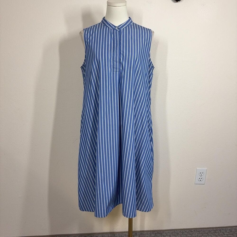 Uniqlo Shirt Dress Womens Medium Blue Stripe Trapeze Swing Pockets Cotton Casual